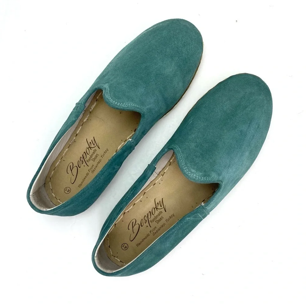 THE Bespoky Suede Handmade Flat Slip On Loafer In Aqua green Size 41